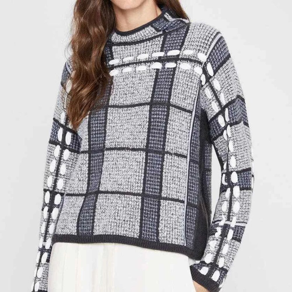 Club Monaco Plaid Windowpane Woven Detail Wool Blend Sweater Size XL (M/L fit)